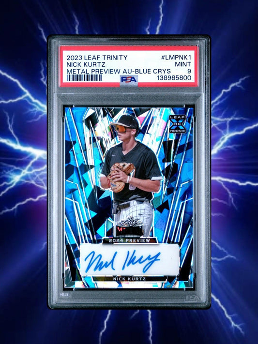 2023 Leaf Trinity - Nick Kurtz #LMP-NK1 Metal Preview - Blue Crystal Auto PSA 9
