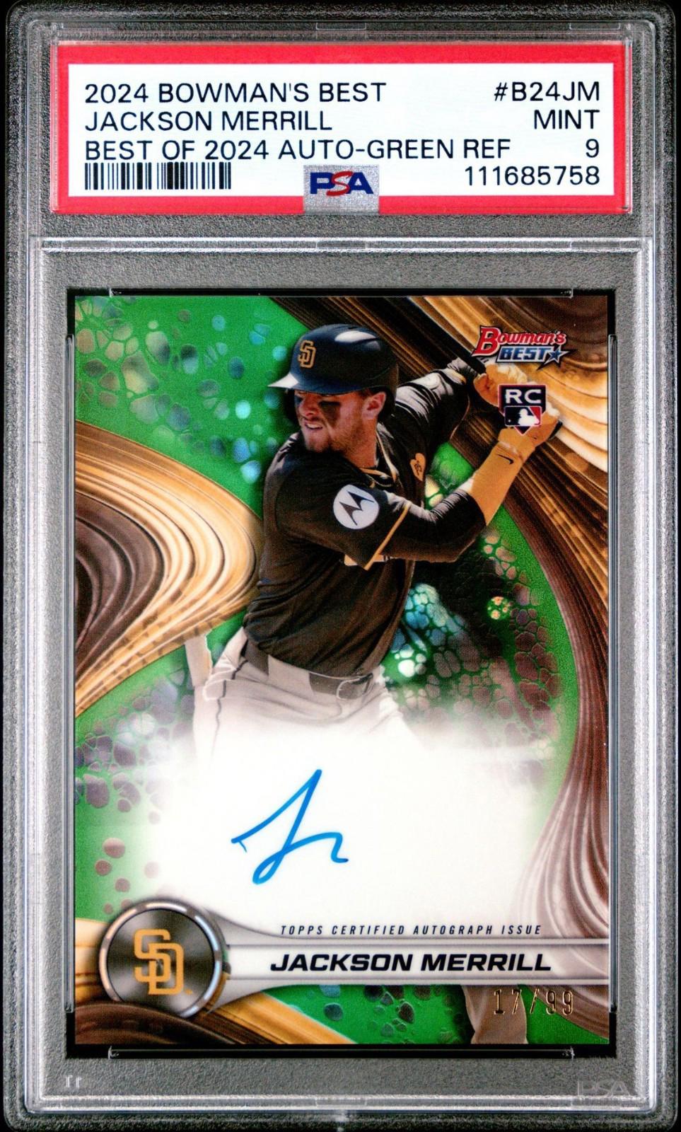 2024 Bowman's Best - Jackson Merrill #B24-JM - Green Auto /99 (RC, AU) - PSA 9