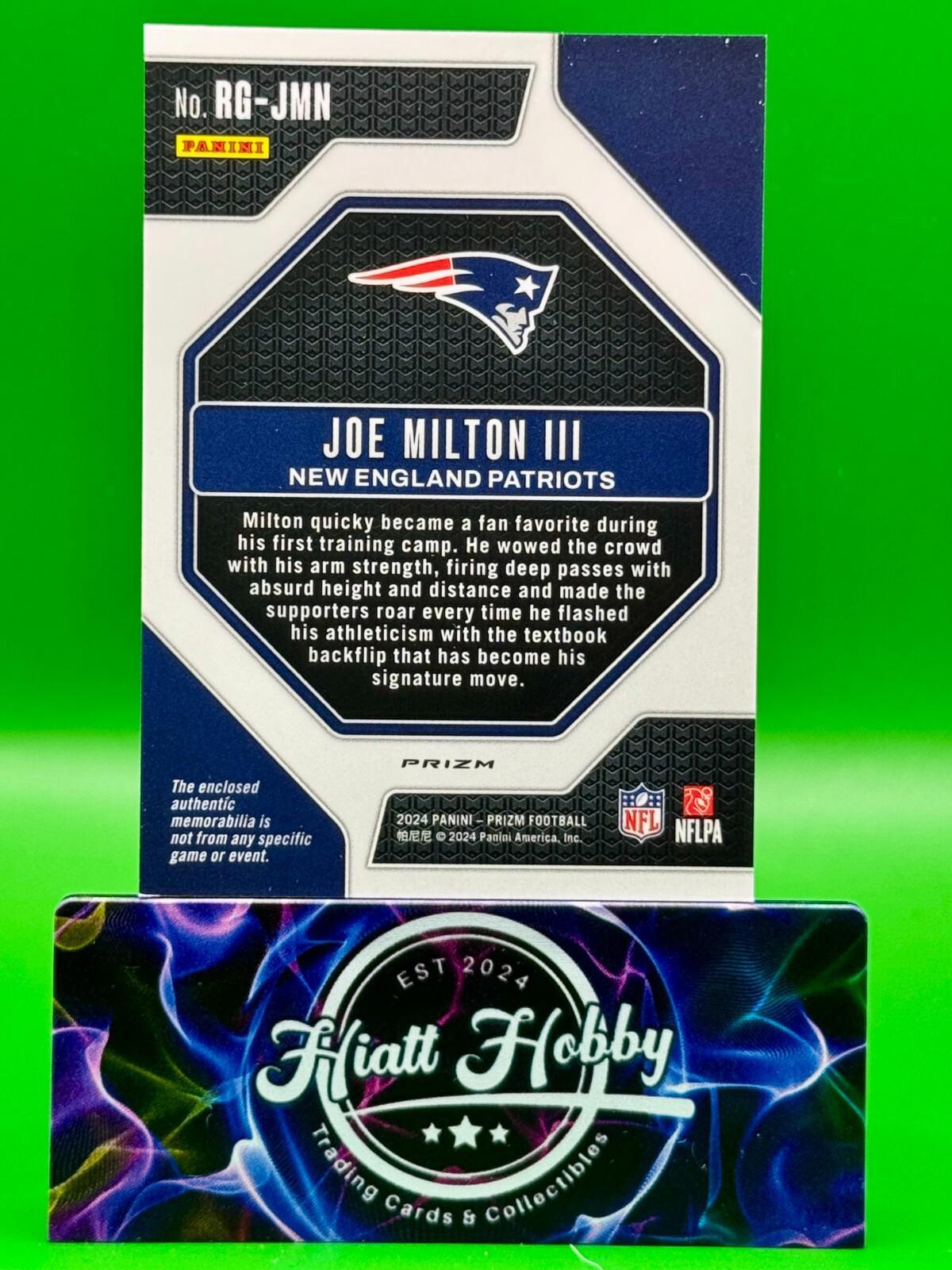2024 Panini Prizm - Joe Milton III #RG-JMN - Rookie Gear - Pink Prizm  (MEM, RC)